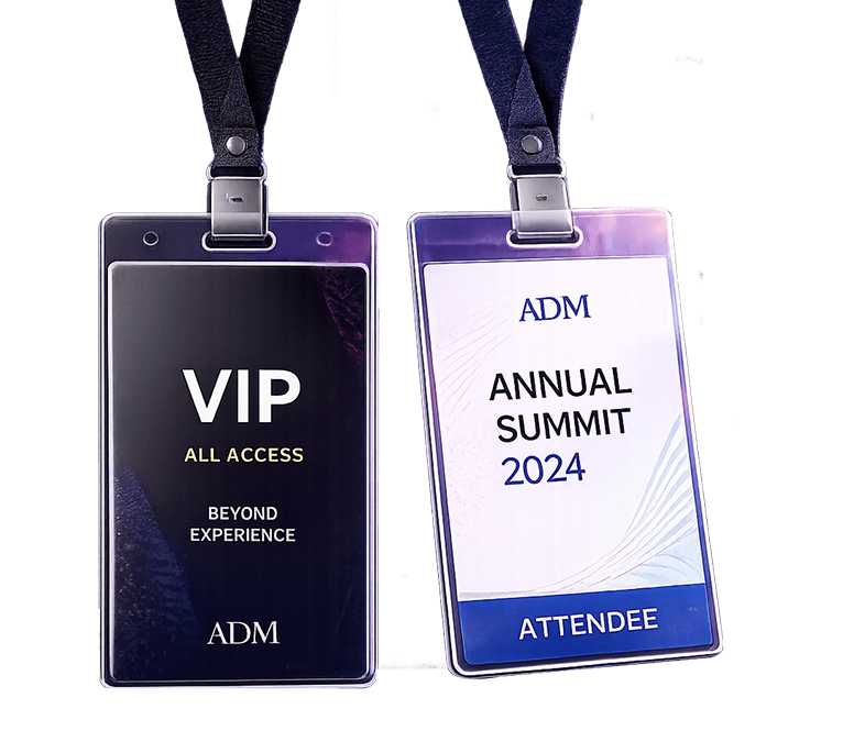 VIP and Annual Summit event badges with lanyards